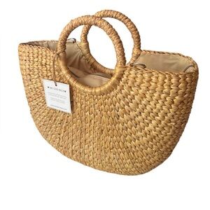 Natural fiber woven Satchel Crossbody Half Moon Circle Handle vacation beach bag